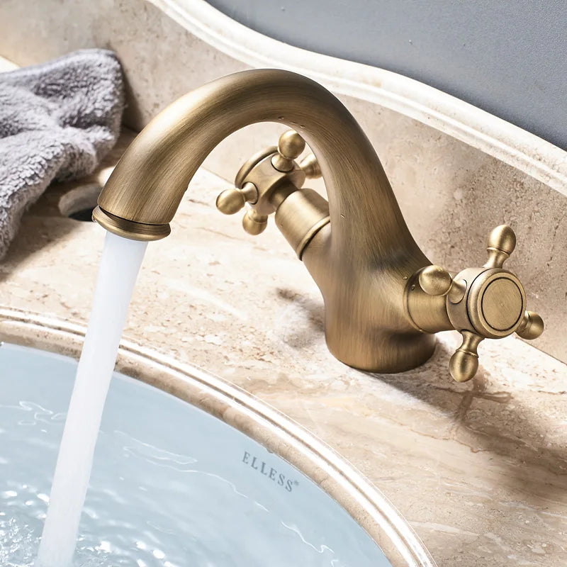Mitigeur Lavabo Rétro Laiton Vieilli, Double Poignée, Monotrou