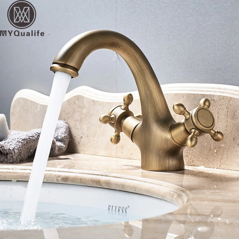 Mitigeur Lavabo Rétro Laiton Vieilli, Double Poignée, Monotrou