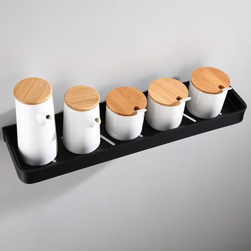 Étagère de Salle de Bain d'Angle Noire avec Barre à Crochets