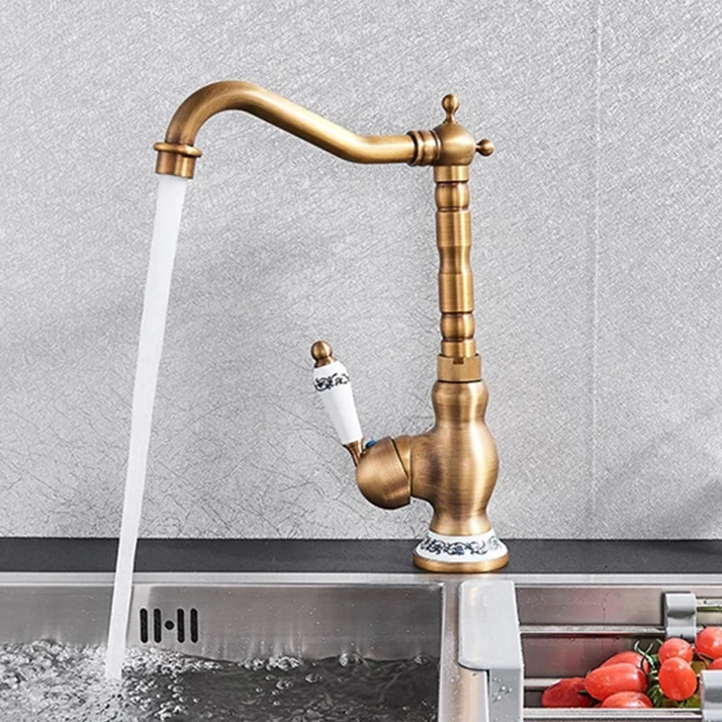 Mitigeur Lavabo Rétro Laiton Antique Pivotant, Poignée Céramique ou Laiton