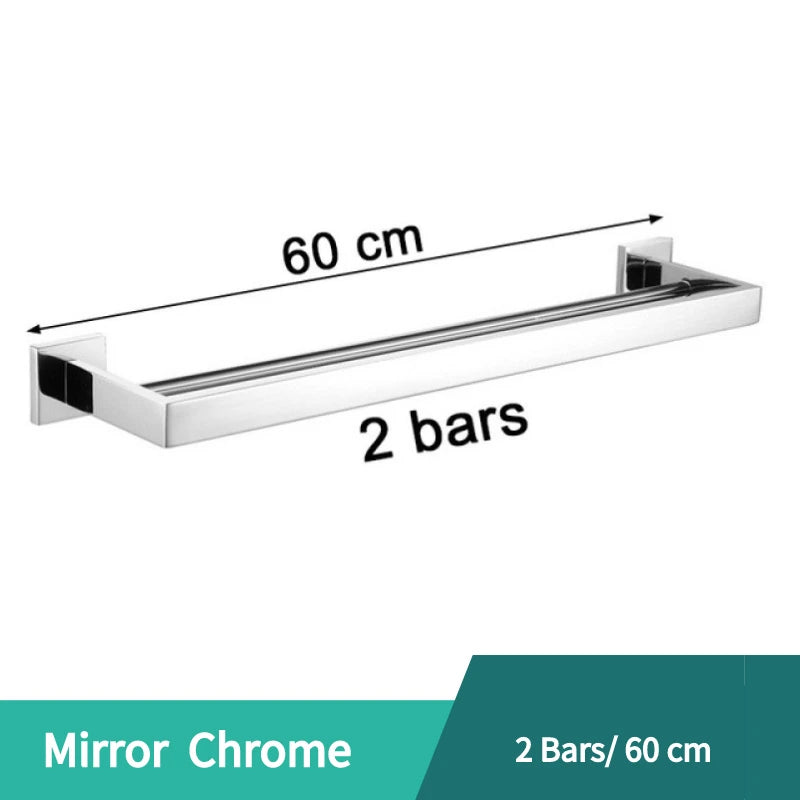 Porte-Serviette Mural Carré Inox 304 60 cm, 1 ou 2 Barres