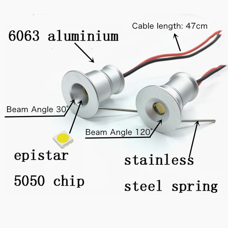 Mini Spot LED Encastrable Cuisine 12 V IP65, Ø 20 mm, Faisceau 30° ou 120°