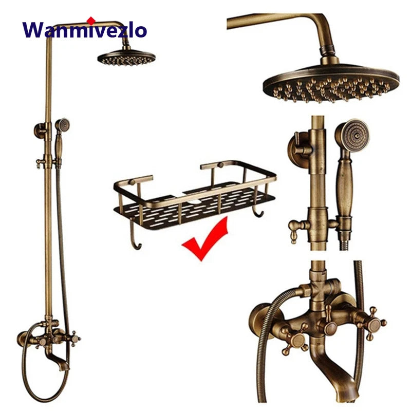 Colonne de Douche Rétro Laiton Antique ou Noir Mat, Pommeau Pluie 20 cm