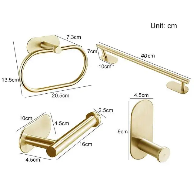 Accessoires Salle de Bain Adhésifs Doré Brossé à la Pièce, 5 Articles