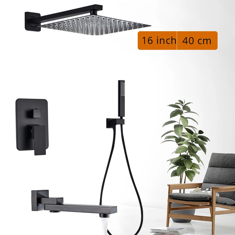 Douche Encastrable Noir Mat avec Pommeau Carré 20 à 40 cm et Douchette