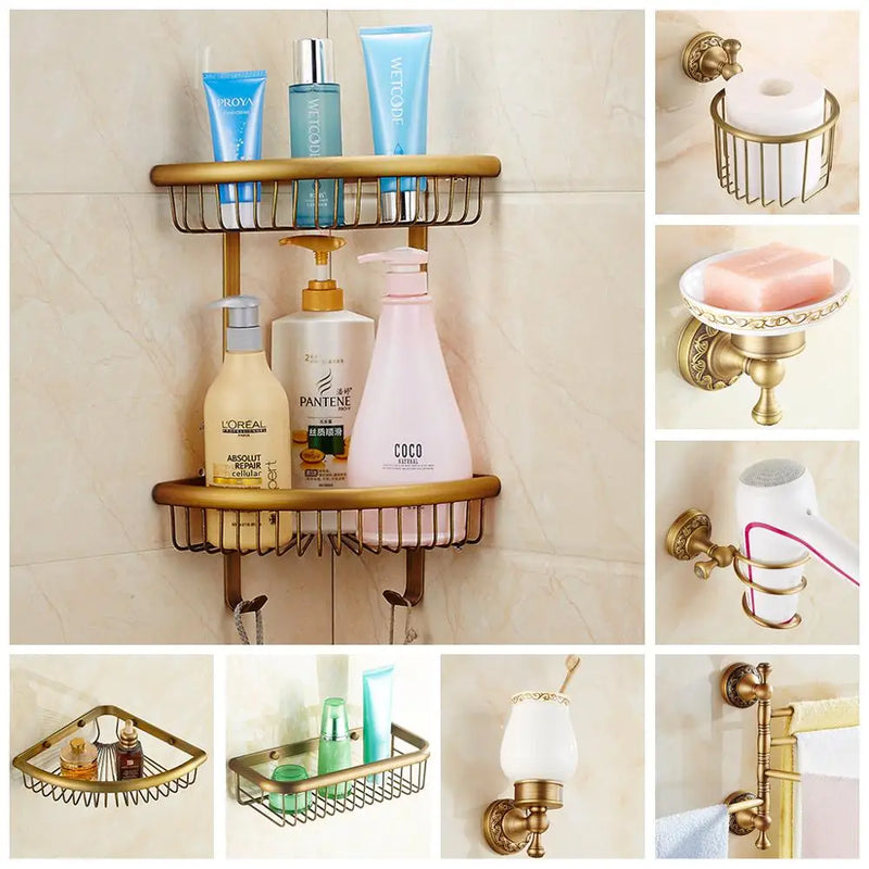 Ensemble d'Accessoires de Salle de Bain Bronze Antique avec Étagère