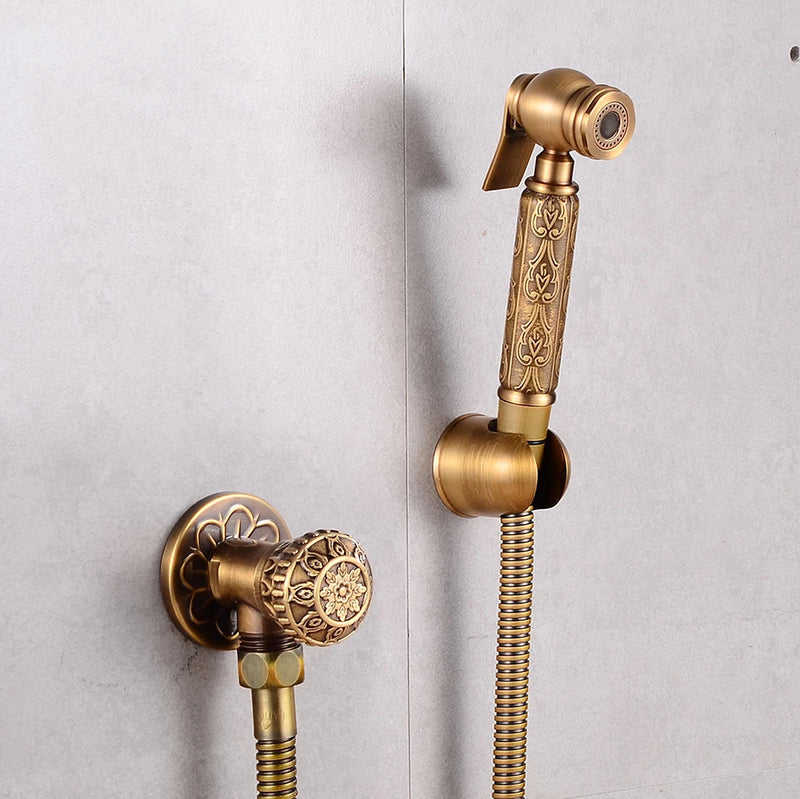 Douchette WC Laiton Bronze Antique avec Robinet d'Angle Gravé