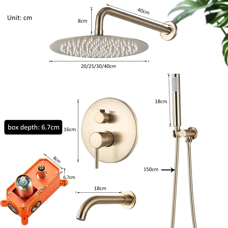 Douche Encastrable Dorée 2-3 Voies Effet Pluie