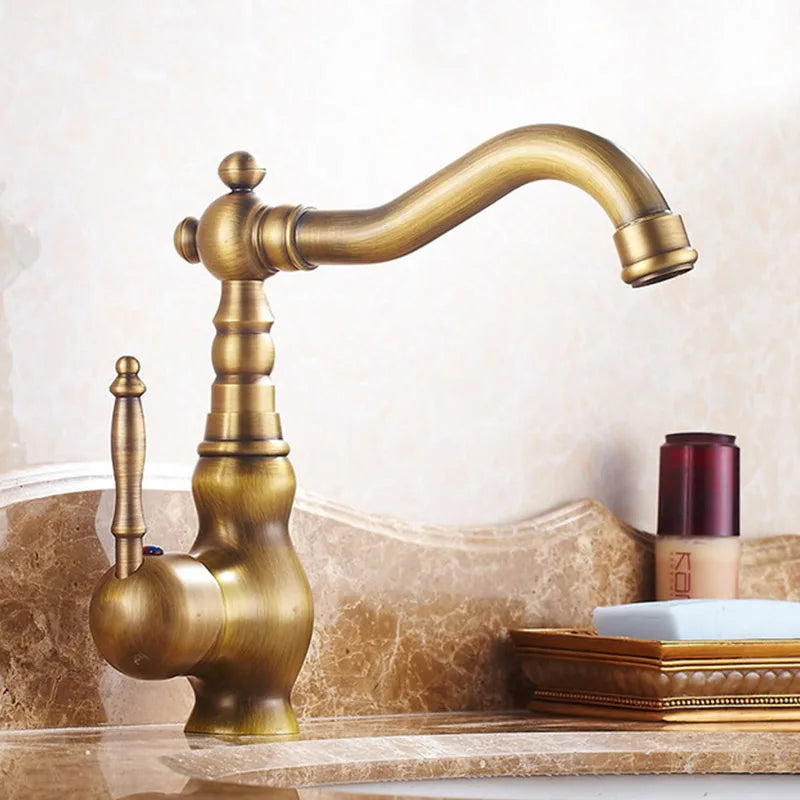 Mitigeur Lavabo Rétro Laiton Antique Pivotant, Poignée Céramique ou Laiton