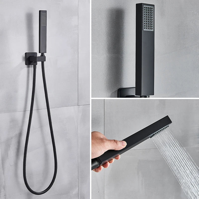 Douche Encastrable Noir Mat avec Pommeau Carré 20 à 40 cm et Douchette