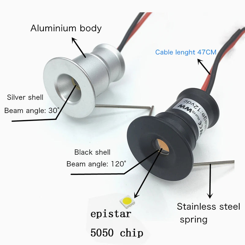 Mini Spot LED Encastrable Découpe 15 mm, 1 W Dimmable 12 V, Meuble et Vitrine