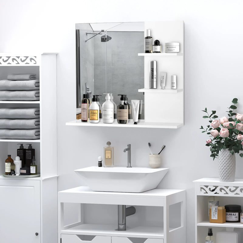Miroir Salle de Bain Mural avec 3 Étagères Intégrées Blanc 60 cm
