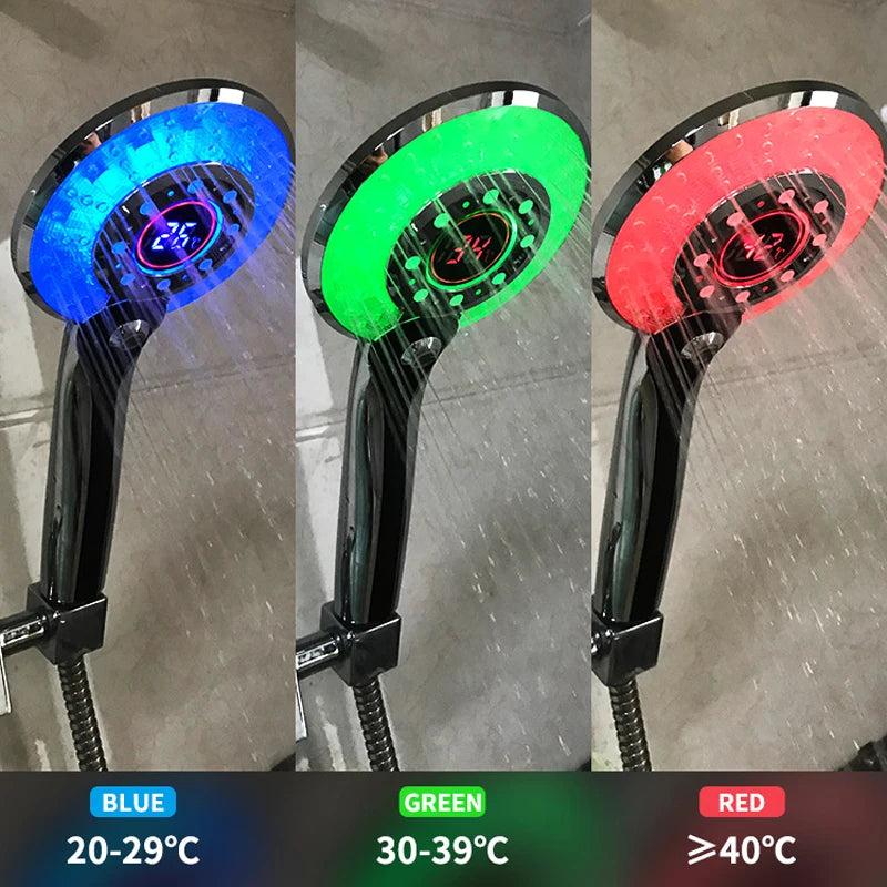 Pommeau de Douche LED avec Affichage Température, 3 Jets et Économie d'Eau