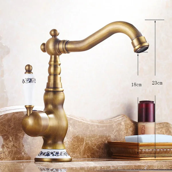 Mitigeur Lavabo Rétro Laiton Antique Pivotant, Poignée Céramique ou Laiton