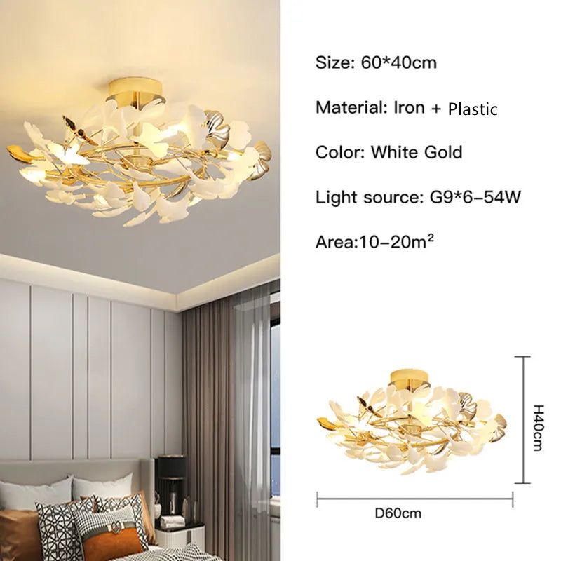 Suspension Cuisine Feuilles de Ginkgo Doré et Blanc, 60 à 150 cm