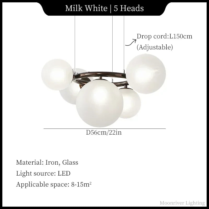 Suspension Cuisine Globes Verre sur Anneaux, 5, 7 ou 9 Têtes