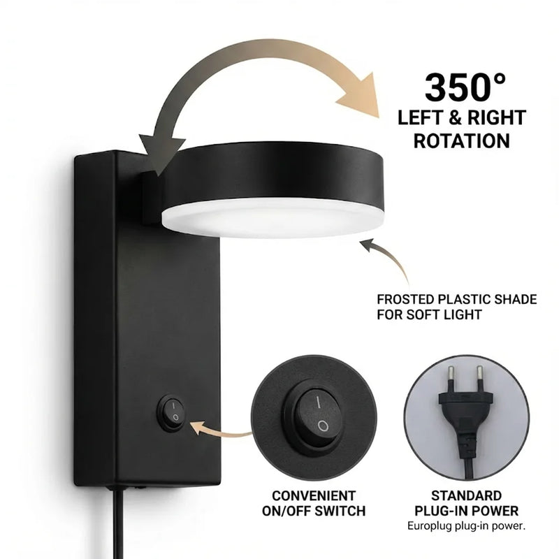 Applique Murale à Brancher LED Orientable 350°, Câble 1,5 m, Noire