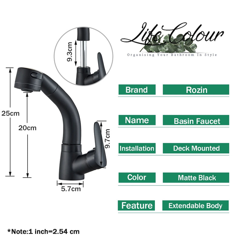 Mitigeur Lavabo Douchette Extractible Noir Mat