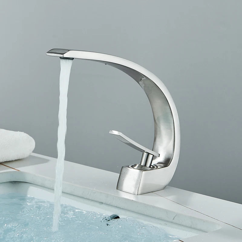 Mitigeur Lavabo Monotrou Courbé en Laiton, 6 Finitions