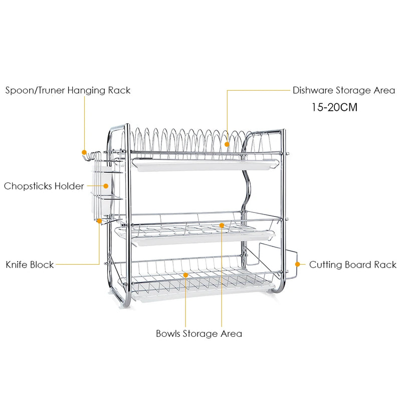 Égouttoir à Vaisselle 3 Niveaux Chromé, Porte-Couverts et Support Planche, 42 cm