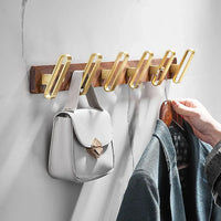 Patère Murale Bois et Aluminium Doré Brossé Multi-Crochets