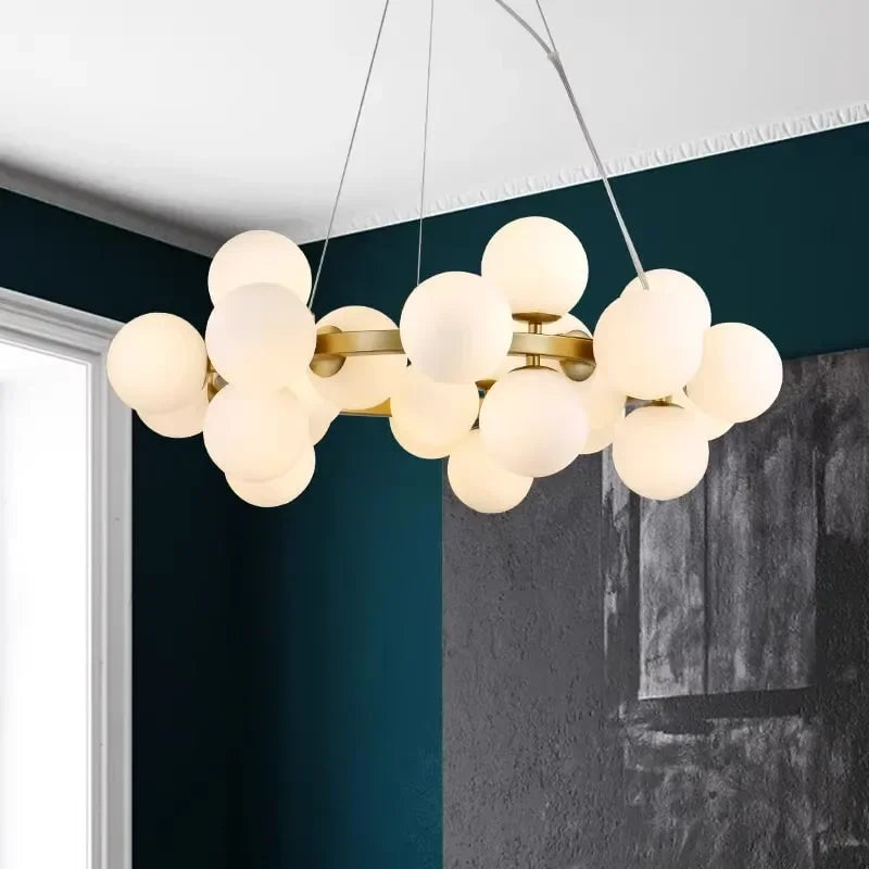 Lustre Suspension Cuisine Bulles de Verre, Cercle Doré, 15 à 25 Globes