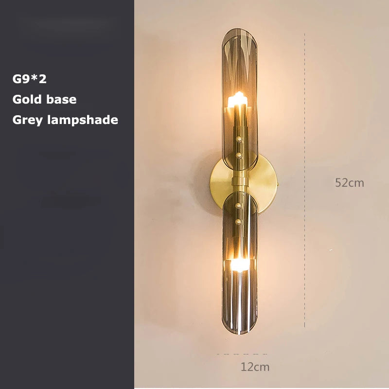 Applique Murale Verre Double Tube G9, Support Noir ou Doré, 52 cm