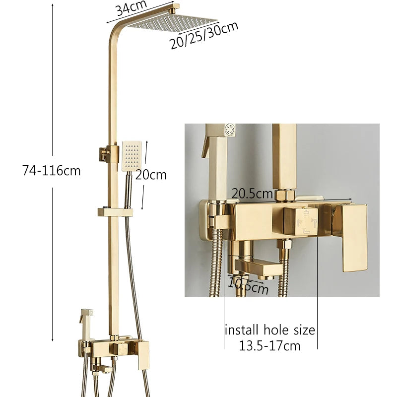 Colonne de Douche Dorée Brossée avec Douchette Bidet, Pommeau Carré 20 à 30 cm