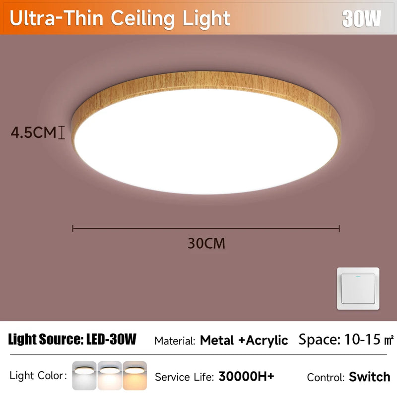Plafonnier Cuisine LED Rond Grain de Bois Ultra-Plat, 18 à 50 W, 4 Finitions