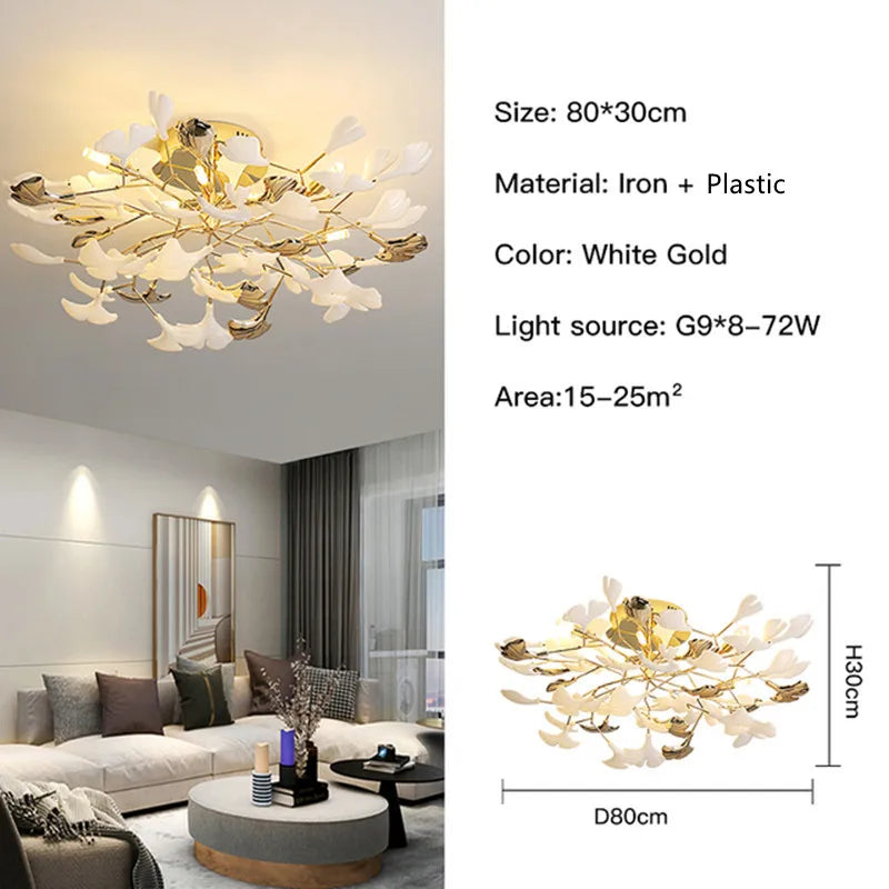 Suspension Cuisine Feuilles de Ginkgo Doré et Blanc, 60 à 150 cm
