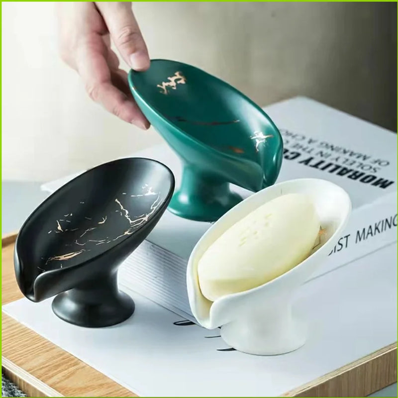Porte-Savon Céramique Forme Feuille à Ventouse, Veinures Dorées