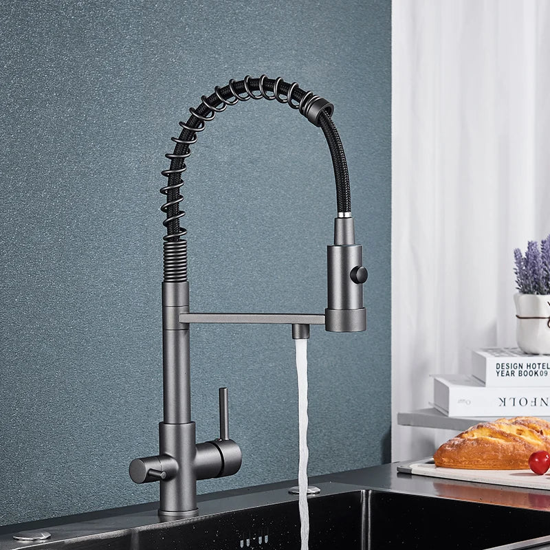 Mitigeur Cuisine 3 Voies Eau Filtrée Col Souple ou Ressort, 5 Finitions