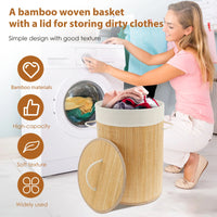 Panier à Linge Rond en Bambou avec Couvercle et Doublure Amovible, 50 cm