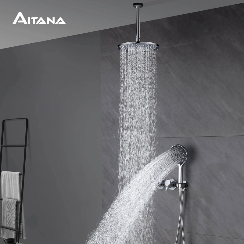 Douche Encastrable Laiton avec Pommeau Rond 25 cm et Douchette, 5 Finitions