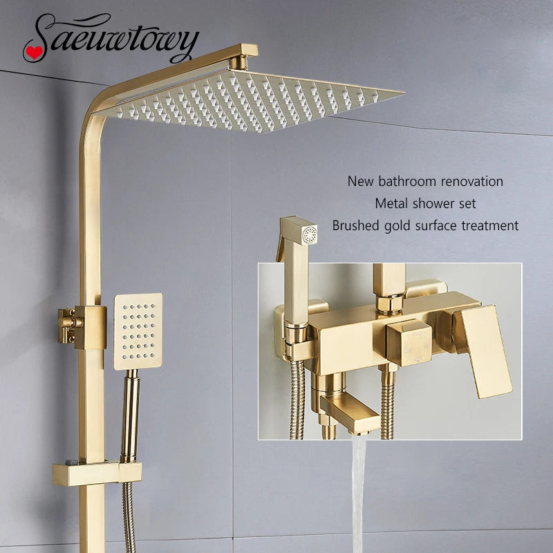 Colonne de Douche Dorée Brossée avec Douchette Bidet, Pommeau Carré 20 à 30 cm