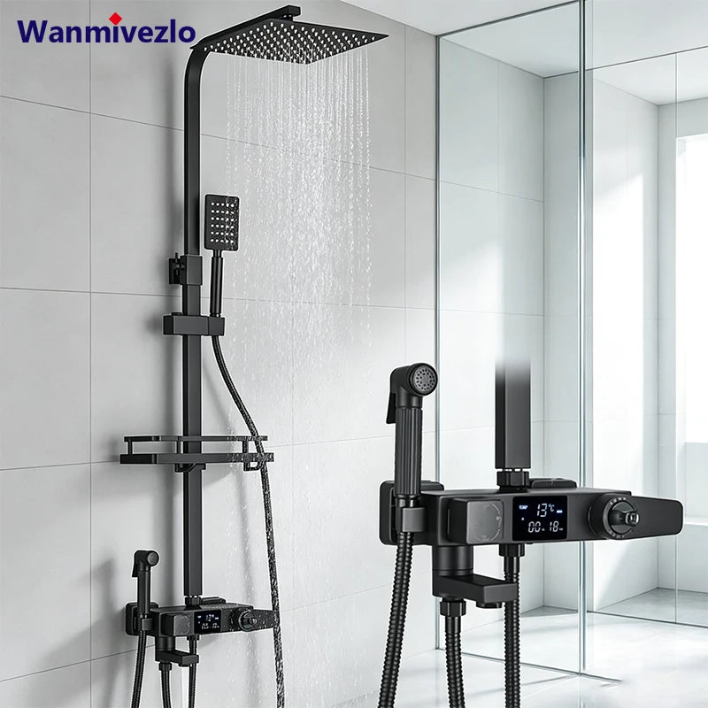 Colonne de Douche Carrée Thermostatique avec Douchette et Étagère