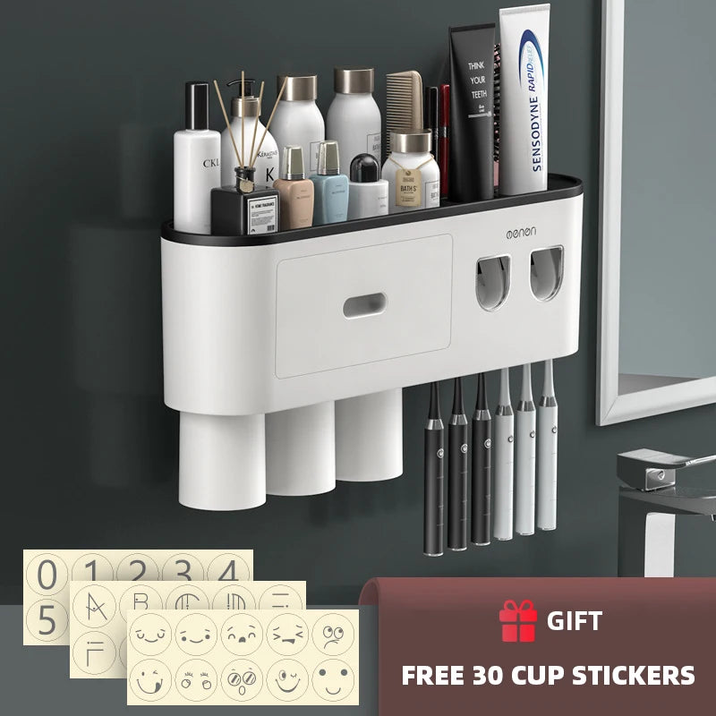 Porte-Brosse à Dents Magnétique avec Presse-Dentifrice et Étagère Murale