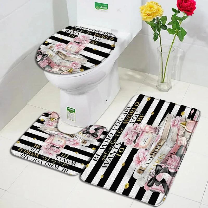 Rideau de Douche Flacon Parfum 180x180 cm et Tapis à la Pièce