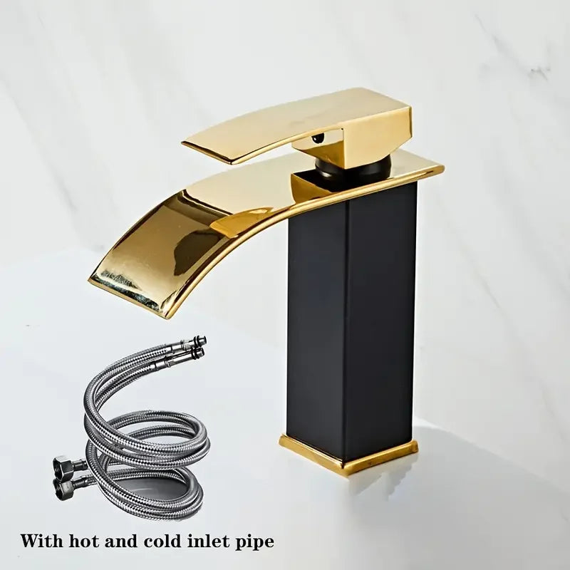 Mitigeur Lavabo Cascade Noir ou Blanc et Doré, Monotrou, Hauteur 18 cm
