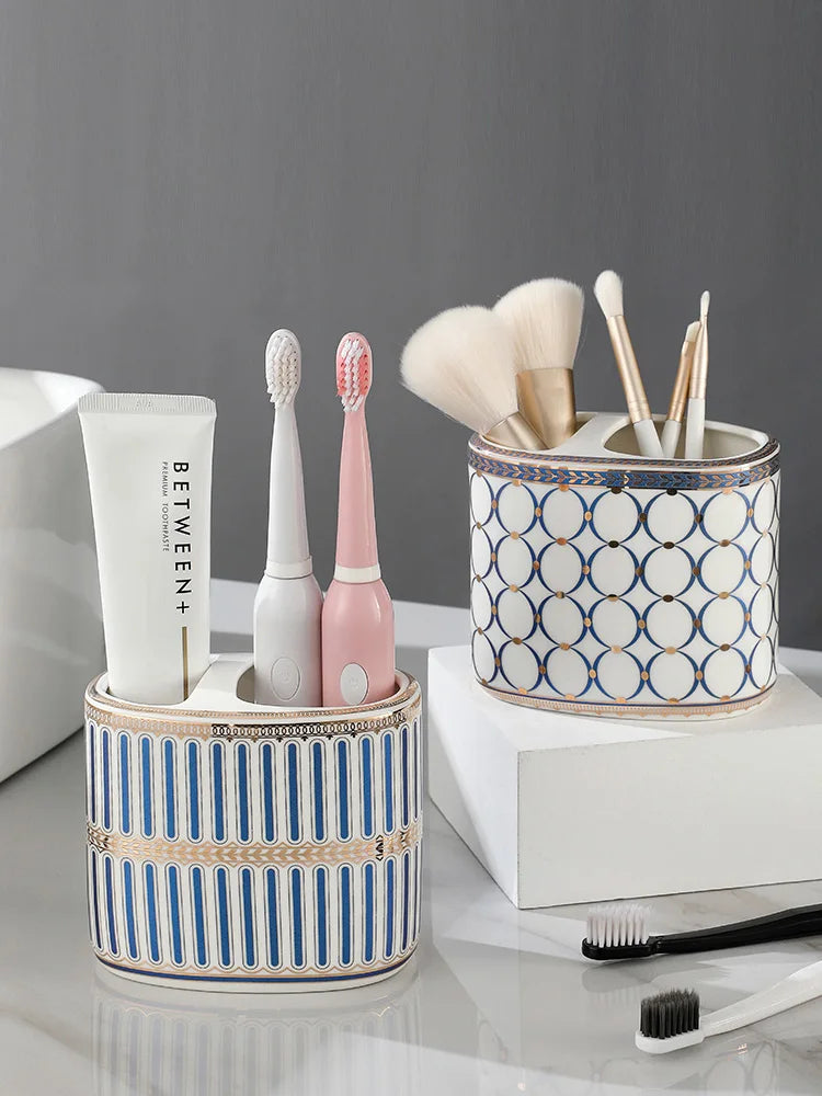 Porte-Brosse à Dents et Dentifrice Céramique Ovale, 4 Décors, 11 cm