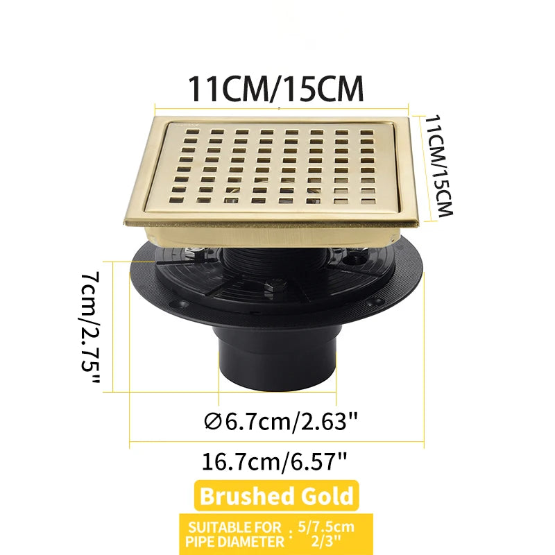Caniveau de Douche Carré Anti-Odeur Inox 304, Grille 11 ou 15 cm