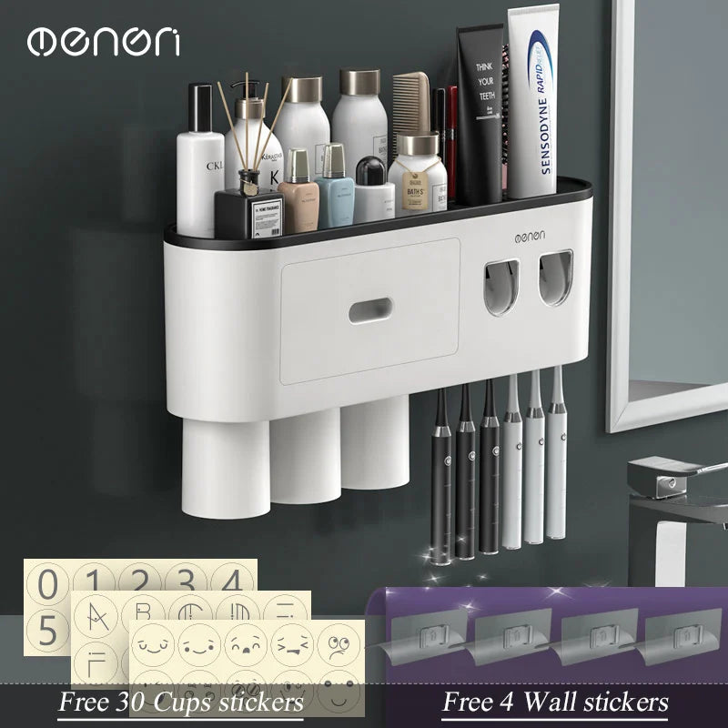 Porte-Brosse à Dents Mural Magnétique avec Distributeur de Dentifrice, 1 à 4 Gobelets