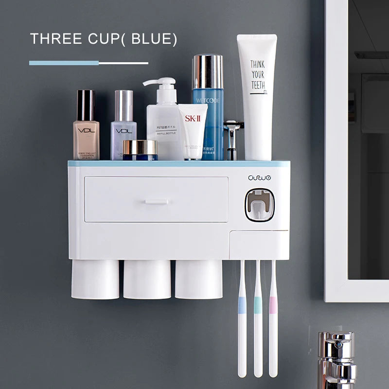 Porte-Brosse Mural Magnétique avec Tiroir et Distributeur de Dentifrice, 2 à 4 Gobelets