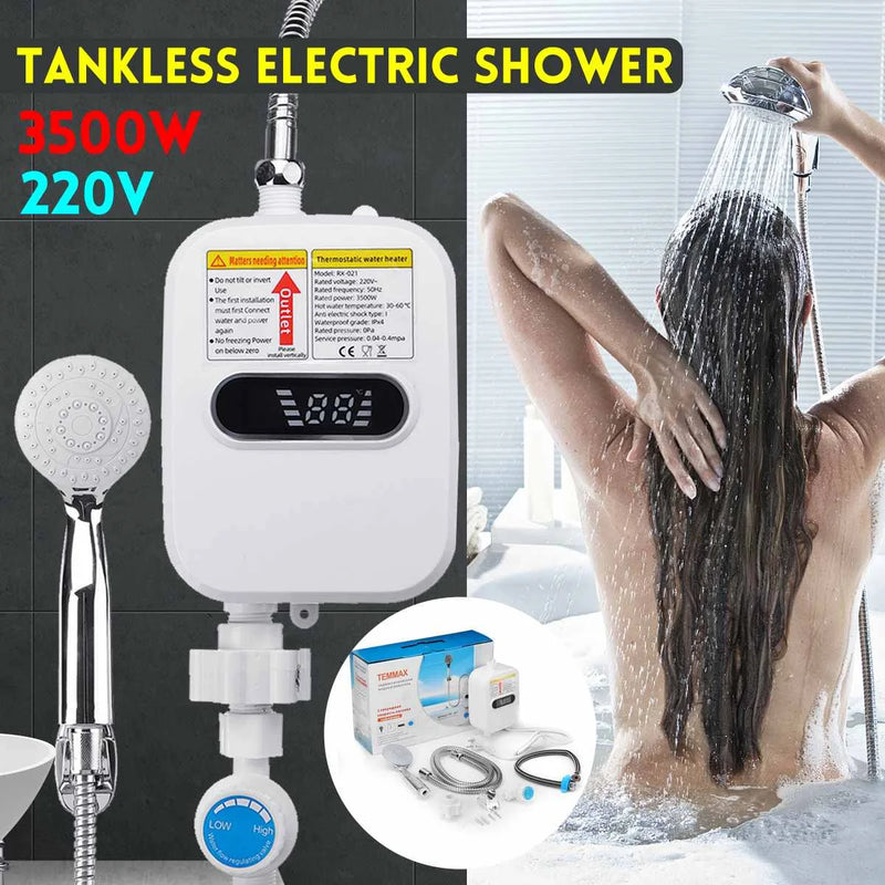 Mini Chauffe-Eau Instantané 3 500 W avec Douchette, Écran LCD et Flexible Inox