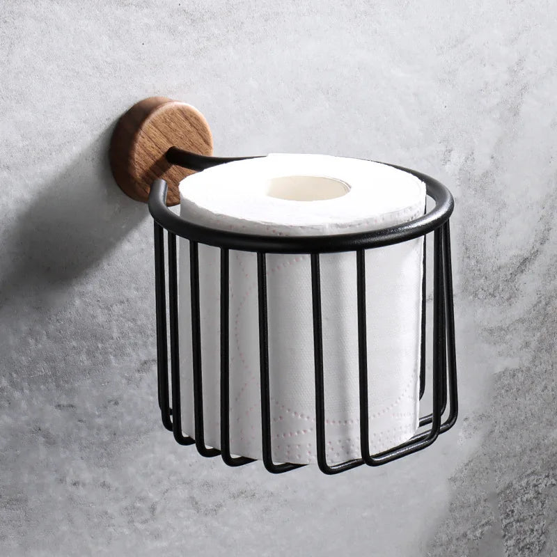 Accessoires Salle de Bain Noyer et Métal Noir à la Pièce, 4 Articles