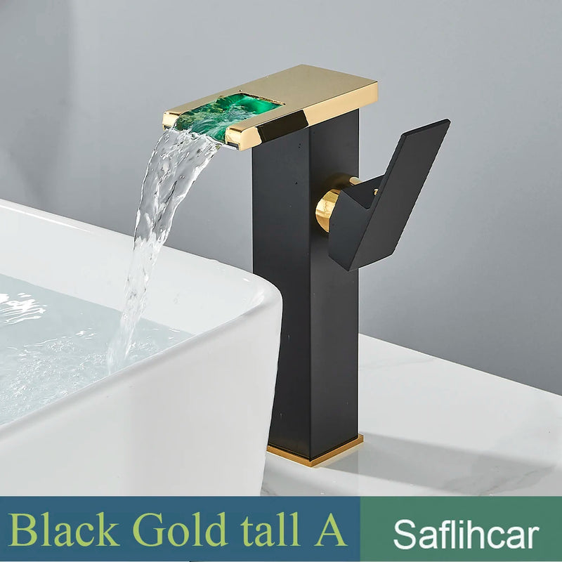 Mitigeur Lavabo Cascade LED Noir, Doré ou Chromé, Bec Court ou Haut