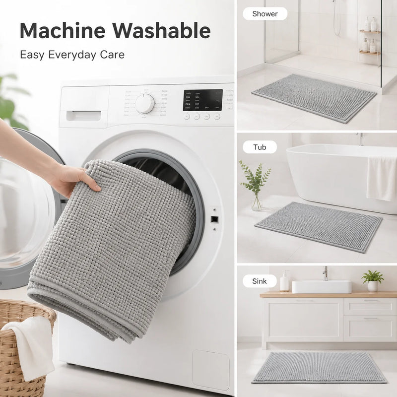 Tapis de Bain Chenille Gris Clair Antidérapant Absorbant, 2 Tailles