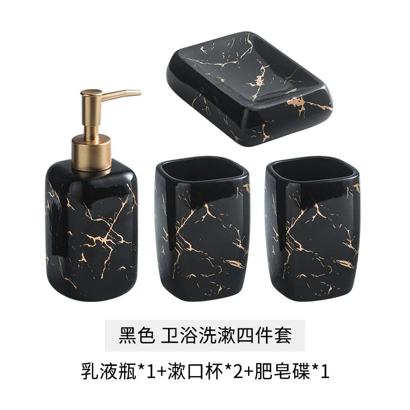 Set Accessoires Salle de Bain Céramique Marbrée Veines Dorées, 3 ou 4 Pièces