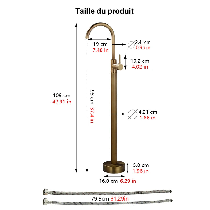 Robinet Baignoire Îlot sur Pied Monocommande, 109 cm, 5 Finitions