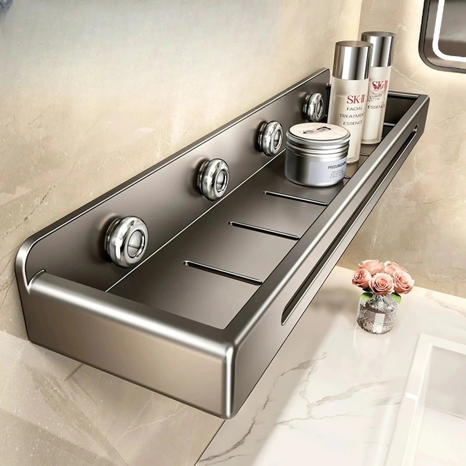 Étagère Salle de Bain Inox Gris à Ventouses, Sans Perçage 30 à 50 cm